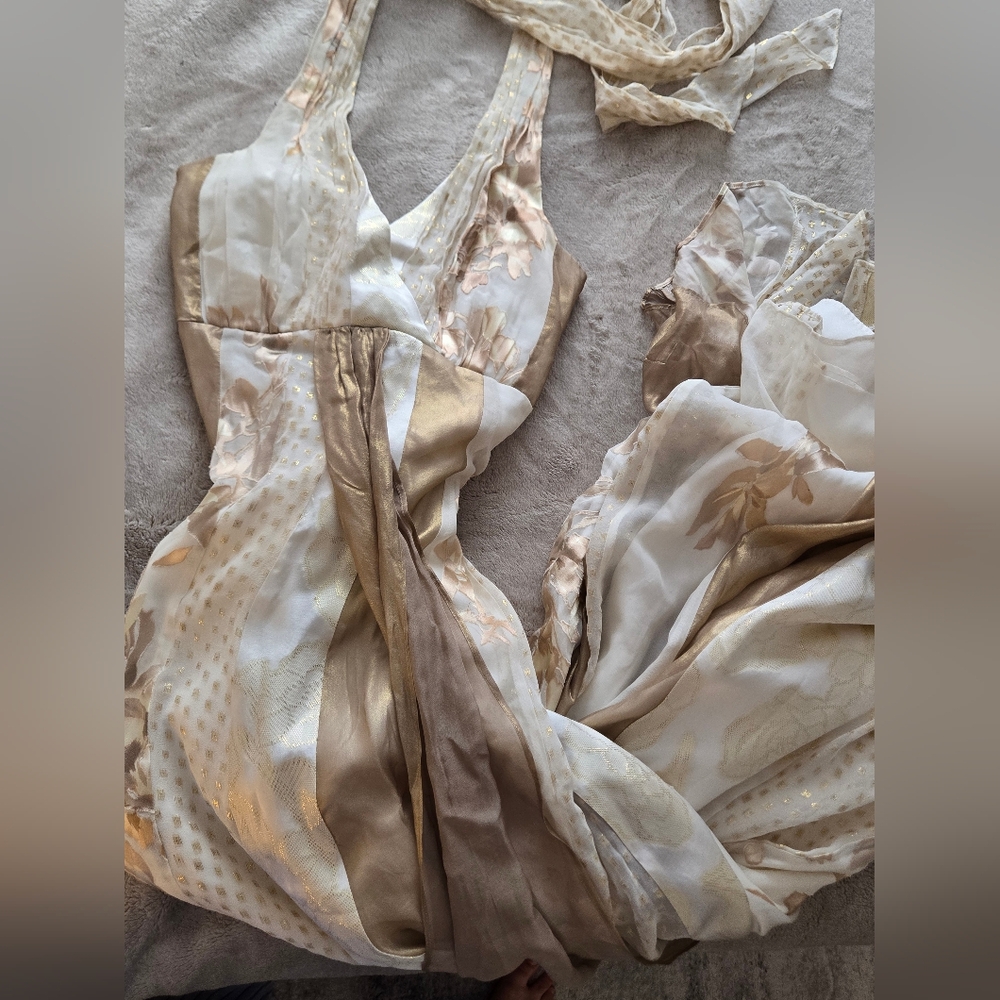Monsoon silk dress, Cream and Gold halter v neck maxi dress, size 6 US